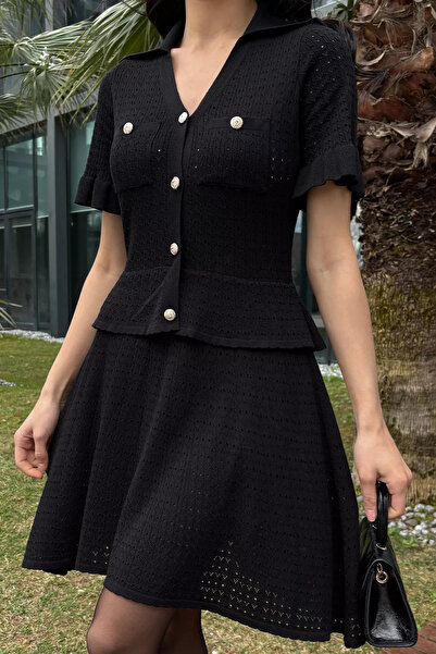 Aryena Black Gülseli Women's V-Neck Short Sleeve Knitwear Dress