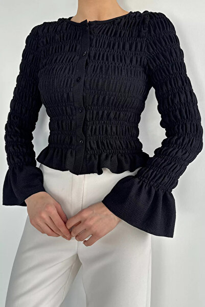 Aryena Black Women's Front Buttoned Ruffled Gipeli Blouse