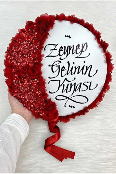 ZEYMERADE Kırmızı Gelin Tefi 32cm, Kaligrafi Ve Vip Aplik Süslemeli, Düğün Sü...