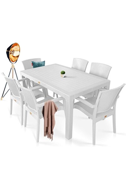 NOBLE DESİNG Rattan Masa Takımı 80 x 140 Camsız Masa 6 Kişilik Sandalye Seti ...