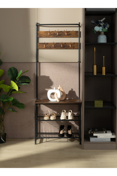 Lawazim حامل ملابس ورف أحذية مع 7 خطافات، رف علوي ورفين للأحذية، 65×32×183 سم