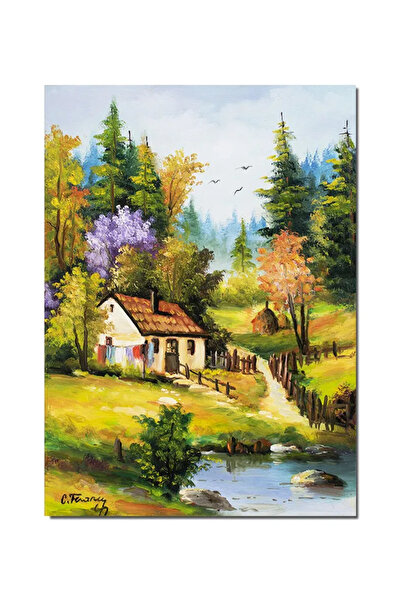 artnova Tablou peisaj din natura cu casa si capite de fan pictat manual, Oaza...