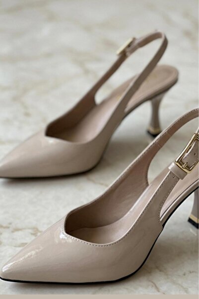 beelleshoe Palmi̇ra Women's Beige Patent Leather Stiletto Open-Back Goblet He...