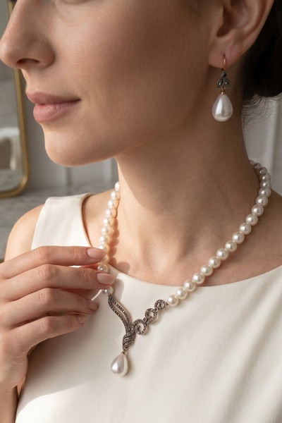 FAYRA ACCESSORIES Zirkon Taşlı Tek Sıra İnci Kolye ve İnci Küpe Seti
