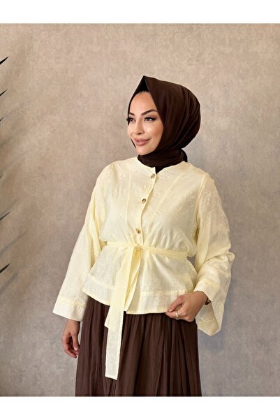 ALANURMODA 24428 Top with Branch Pattern and Front Buttons, Yellow