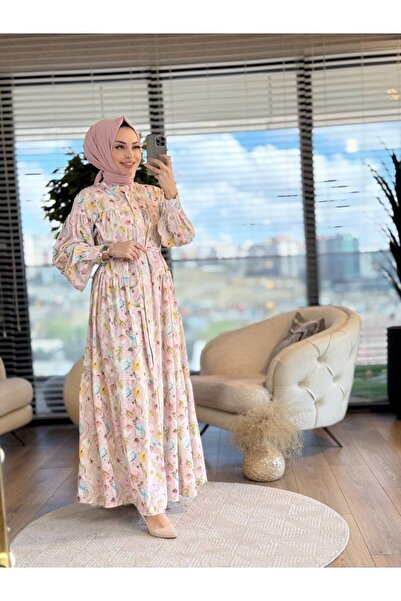 Merwishop Mrw1372 Moroccan Floral Patterned Dress Pink