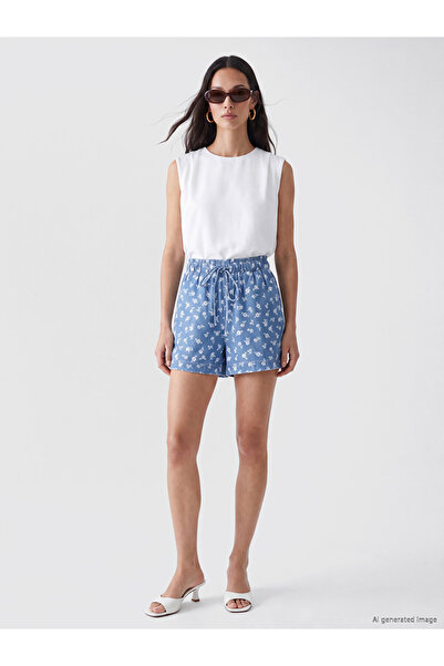 LC Waikiki Blue Elastic Waist Floral Women's Jean Shorts