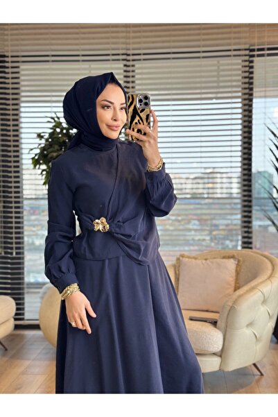ALANURMODA 22823 Front Piece and Brooch Set Navy Blue