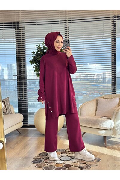 ALANURMODA 2583 طقم تريكو بأزرار على الجوانب باللون الأحمر الداكن