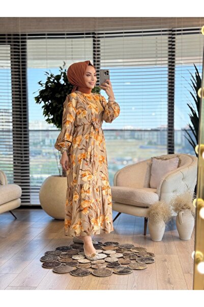 armine giyim 25Yt934 Floral Patterned Dress Orange