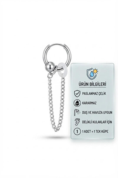 Blisse Piercing Unisex Silver Color Steel Hoop Earrings with Chain and Ball F...