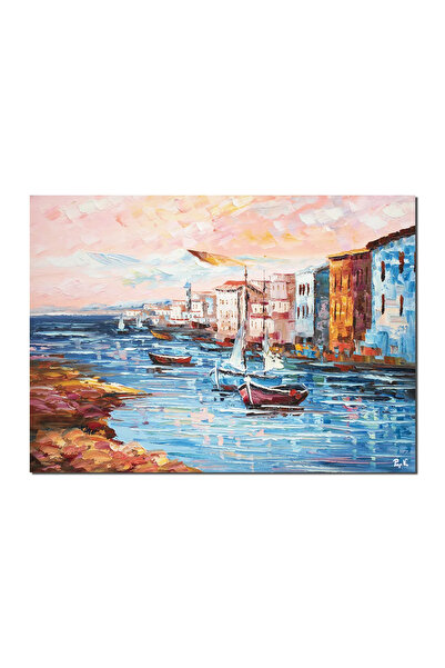 artnova Tablou apus de soare cu barci si veliere pictat manual, 70x50cm ulei ...