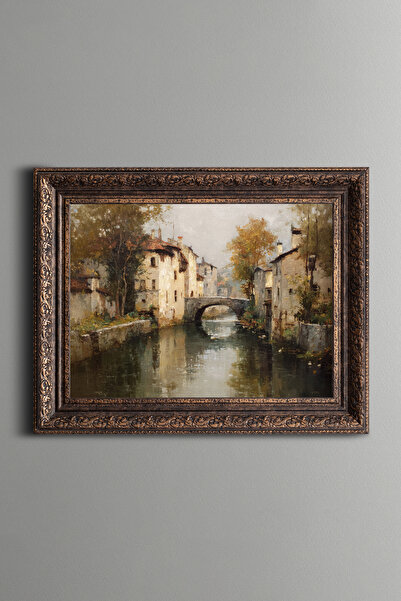 epiqart Bridge and Village Scenery - Vintage Patterned Painting - Thick Model