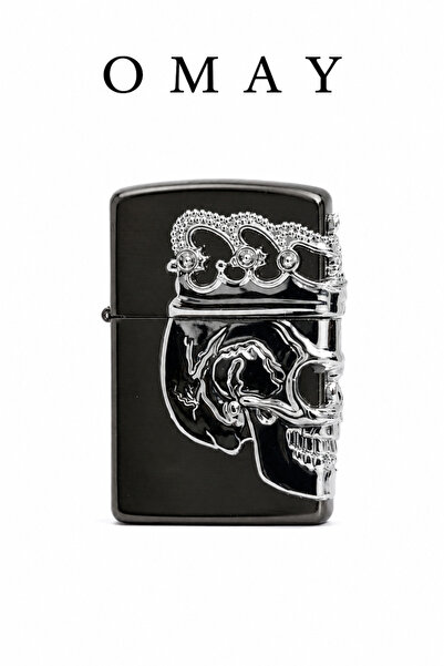 OMAYtr Kuru Benzinli Kuru Kafa Tasarımlı Metal Çakmak (Altın / Mavi / Siyah)