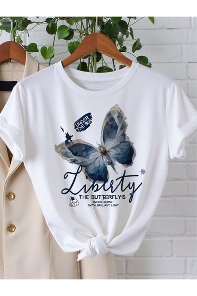 EYMORA Liberty Blue Butterfly Printed Unisex T-Shirt – Aesthetic Butterfly De...