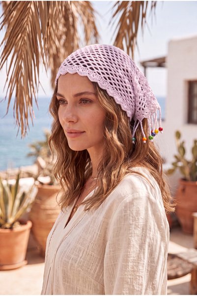 Brexia Boho Knot Women's Bead Detailed Organic Cotton Knitted Bandana