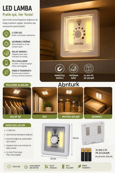 abnturk 2 COB LED Dolap İçi Lamba – Ayarlanabilir Işık Seviyesi, Çevirmeli Dü...