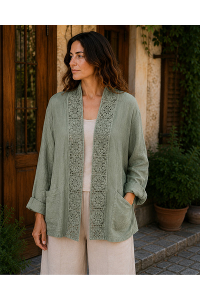 Miss Boheme Sage Green Linen Jacket with Lace and Pocket Detail