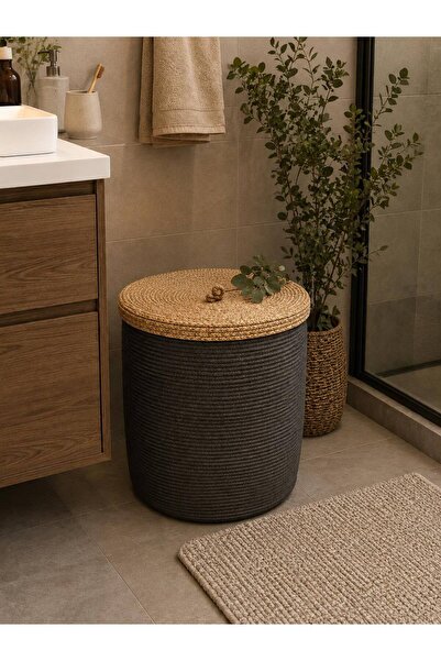Türkmen Ev Tekstil Antrasit Hasır 40 x 45 Kapaklı Çamaşır sepeti ,Kirli Sepet...