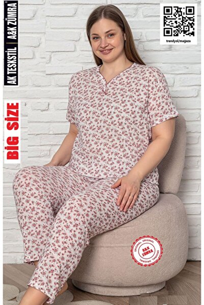 A&K ZÜMRA Women's Short Sleeve Patterned Combed Cotton Nightgown-Pajama Set