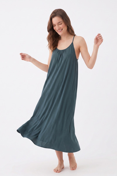 Purpleclo Women's Drawstring Detailed Low-Cut Strappy Midi Dress