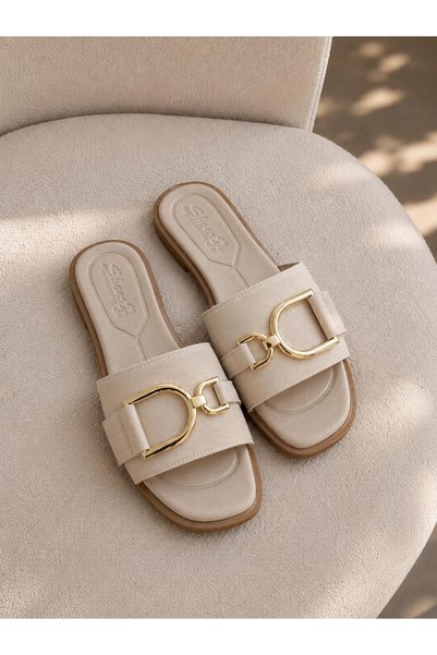 Platana Women's Beige Gold Buckle Suede Slippers - Casual Comfortable Flat Sole Summer Slippers