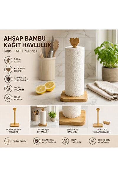 Genel Markalar Kalp Başlıklı Bambu Kâğıt Havluluk – Ahşap Mutfak Havlu Standı