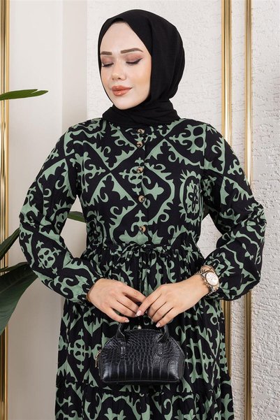 METKAR فستان فيسكوز منقوش بنمط عرقي أخضر زمردي