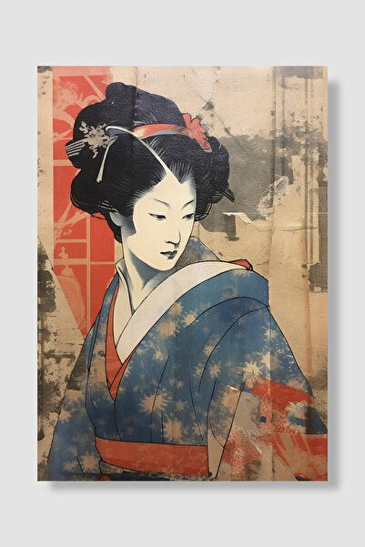 Luna Marissa Japanski gejša poster retro kolaž plavi kimono obložena japanska...