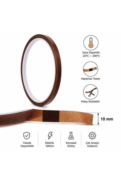 PİYATECH PTFE Isıya Dayanıklı Yapışkan Bant 10 mm x 10 m Teflon Cam Elyaf Ban...