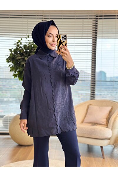 Nefise 260107 Fırfır Desen Çiçek Nakış İşlemeli Gömlek Lacivert