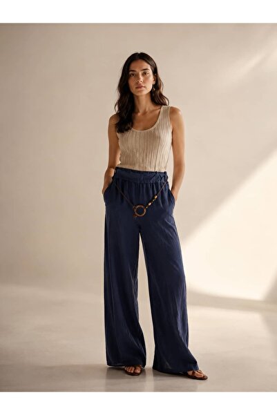 Punta Otantik Pts3454 Wide Leg Silva Pants with Rope Belt Navy Blue