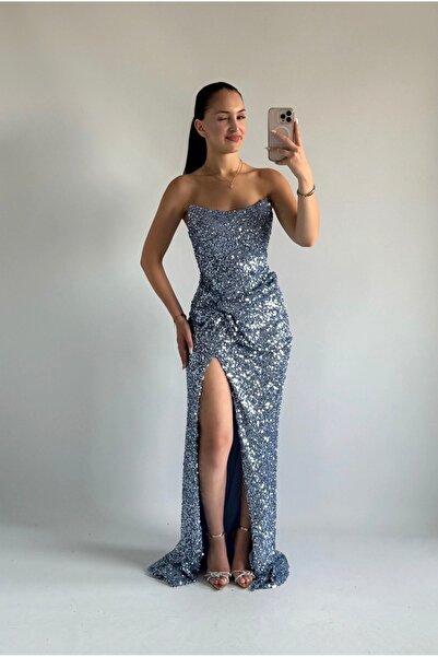 ayşenur Dinçer butik Mercan Yırtmaçlı Straplez Abiye İndigo