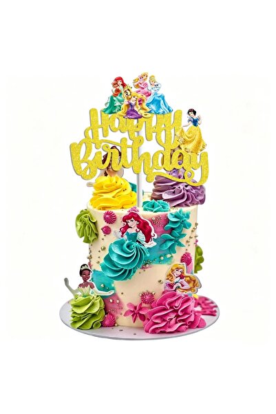 Baloane Vesele Topper Tort Printese Happy Birthday Auriu cu Sclipici TOP211