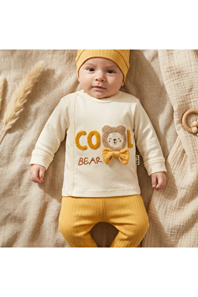 Babycan Cool Bear Embroidered Ribbed Baby Set - Ecru and Yellow Color 100% Co...