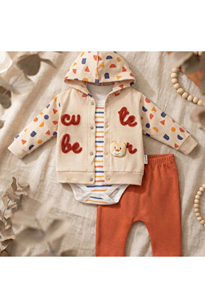 AGUCUK Cute Bear Embroidered 3-Piece 100% Cotton Baby Boy Set