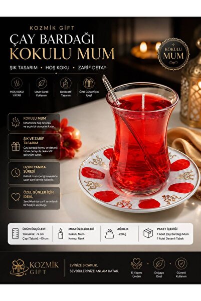 KOZMİK GİFT Dekoratif Çay Bardağı Şeklinde Kokulu Mum Cam Bardak Hediyelik Ar...