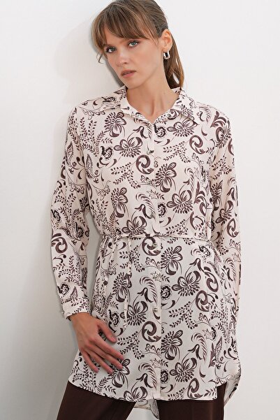 Hiccup Bdart Floral Patterned Viscose Crepe Belted Long Shirt