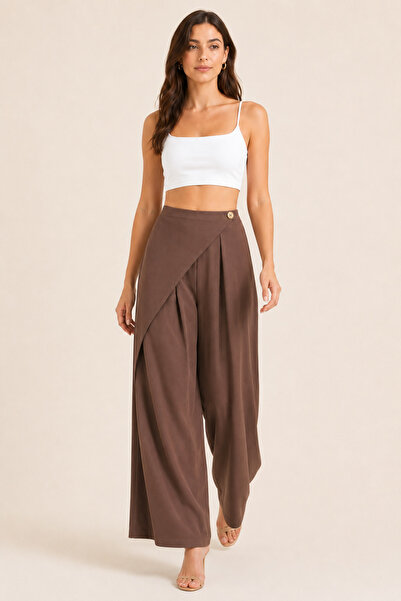 De Carte Women's Modal Fabric Brown High Waist Asymmetrical Hem Look Loose-Le...