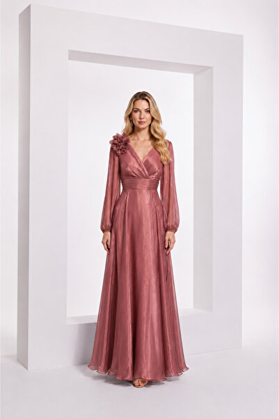 DORİDORCA Plus Size Evening Dress with Floral Embroidery Detail