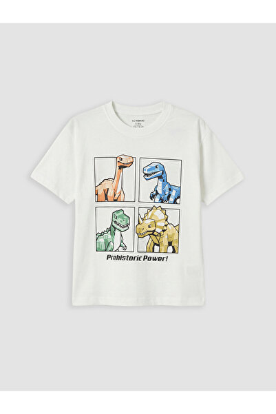 LC Waikiki Lcw Kids White Crew Neck Dinosaur Printed Boys' T-Shirt