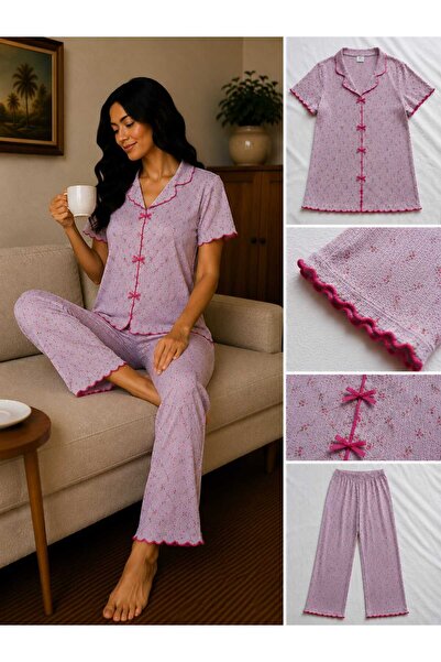 VAKİATR Women's Pajama Set with Bows Knitted Pajama Set