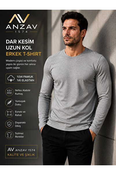 AV ANZAV 1574 Tricou de bază pentru bărbați, cu mânecă lungă, cu decolteu tip...