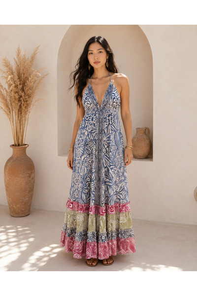 laviyonsa Imported Fabric V Low-Cut Long Silk Pleated Summer Dress Std 36-44