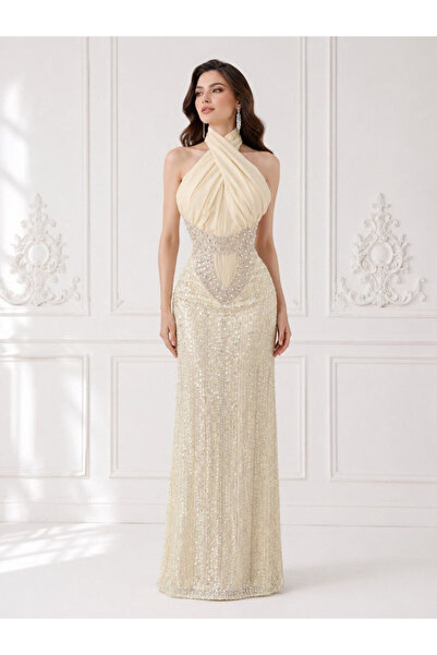 ranin Cream Evening Dress with Lace and Beaded Embroidery