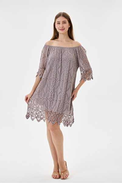 della moor Mink Italian Elastic Madonna Collar Lace Laced Lined Short Dress 3...