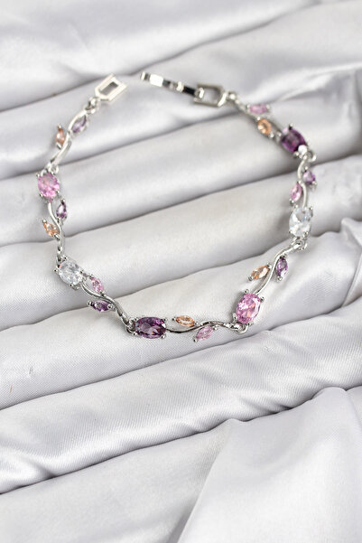 OGHAMAY Brass Silver Color Pink and Purple Zircon Stone Flower Model Women's ...