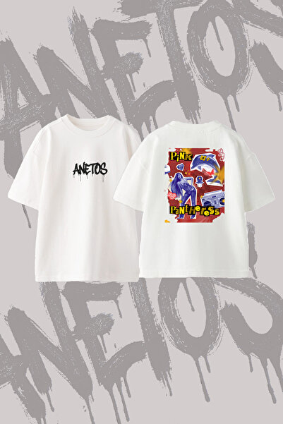 Anetos Pink Pantheress_7 Design Back Printed Cotton White Oversize T-Shirt