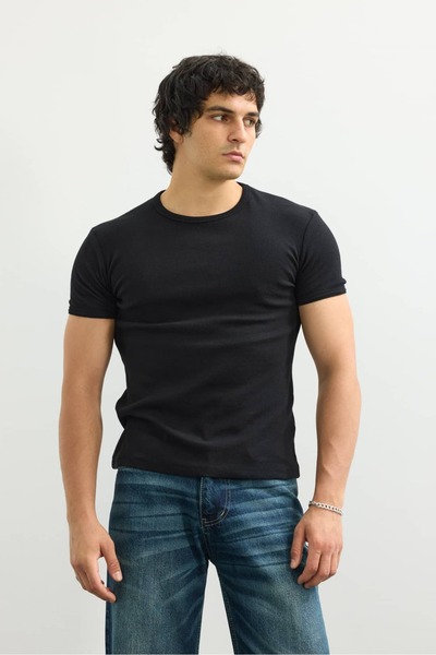 hitup Basic Bisiklet Yaka Fitil Dokulu Crop Fit Tişört