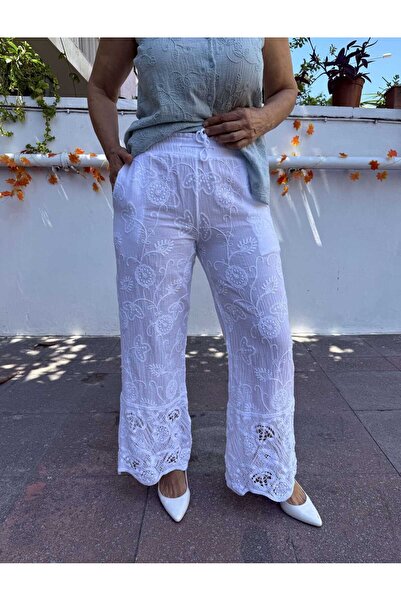 DenizEge Guipure Wide Leg Trousers White